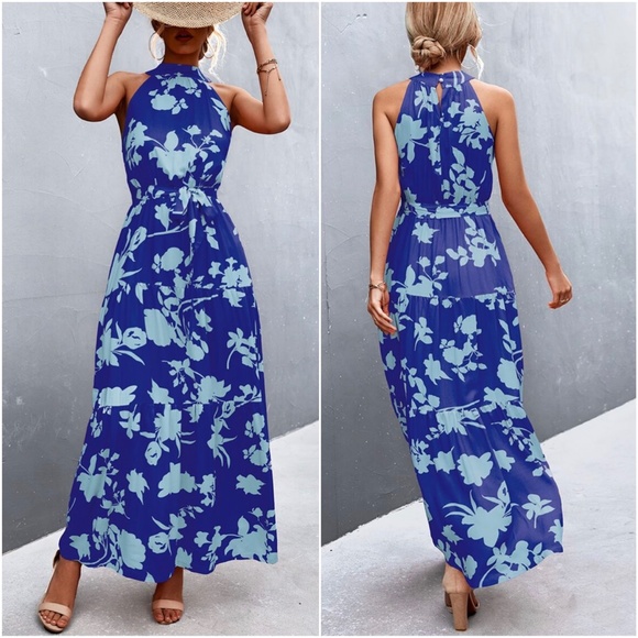 Boho Green Floral Print Halter Maxi Dress Cottagecore - Picture 4 of 5